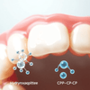 Close-up of healthy teeth with shiny enamel, surrounded by illustrations of Hydroxyapatite and CPP-ACP molecules against a soft, calming background.