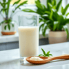 A glass of coconut oil beside a wooden spoon on a clean kitchen countertop, with soft-focus green plants in the background, highlighting natural oral health pra