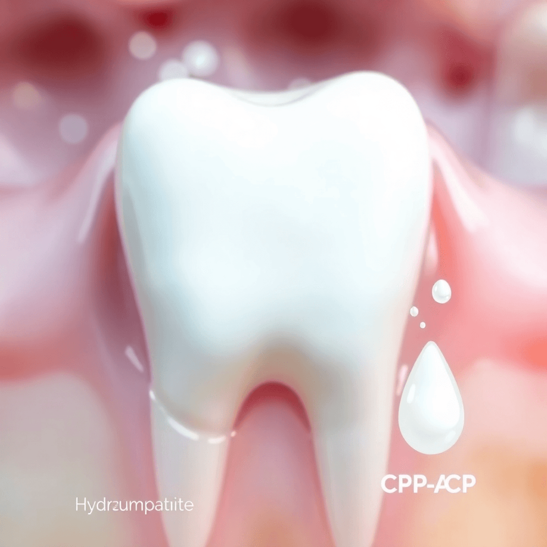 Close-up of a healthy tooth with shiny enamel, surrounded by soft pastel colors, featuring small mineral crystals and milk droplets representing calcium and pho