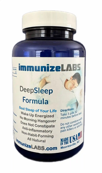 Vitamin supplement bottle labeled 'immunizeLABS DeepSleep Formula' on a white background