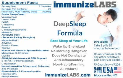 Supplement label for 'Deep Sleep Formula' by immunizeLABS with product details and branding.