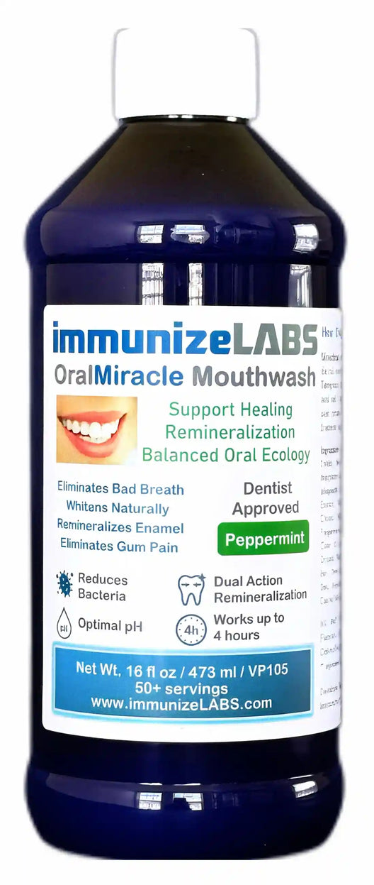 Bottle of immunizeLABS Oral Miracle Mouthwash with label nano-hydroxyapatite cpp-acp