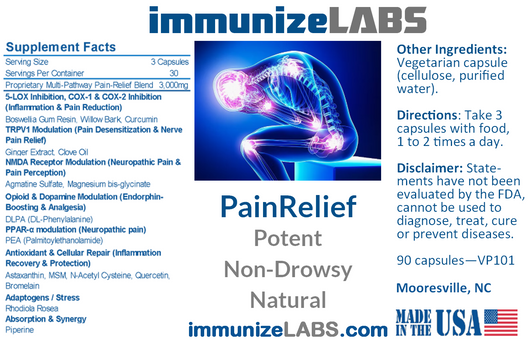 Immunize LABS supplement label for Pain Relief with product details and branding.