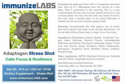 immunizeLABS Adaptogen Stress Shot with product details and branding.